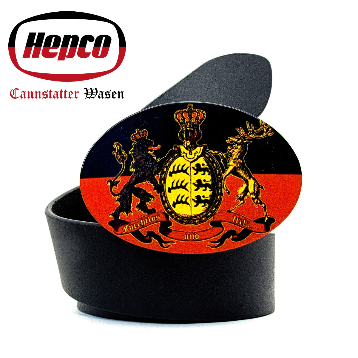 Gürtel mit Württemberg-Wappen aus Emaille. Links darüber ist das Hepco-Logo zu sehen. Es handelt sich um eine Sonderedition für den Cannstatter Wasen