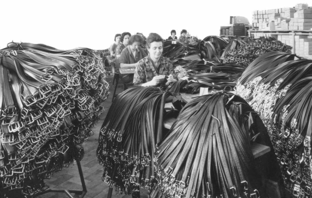 Mitarbeiterinnen sortieren Doppeldorngürtel in der Endfertigung. Historisches Abbild um 1950.