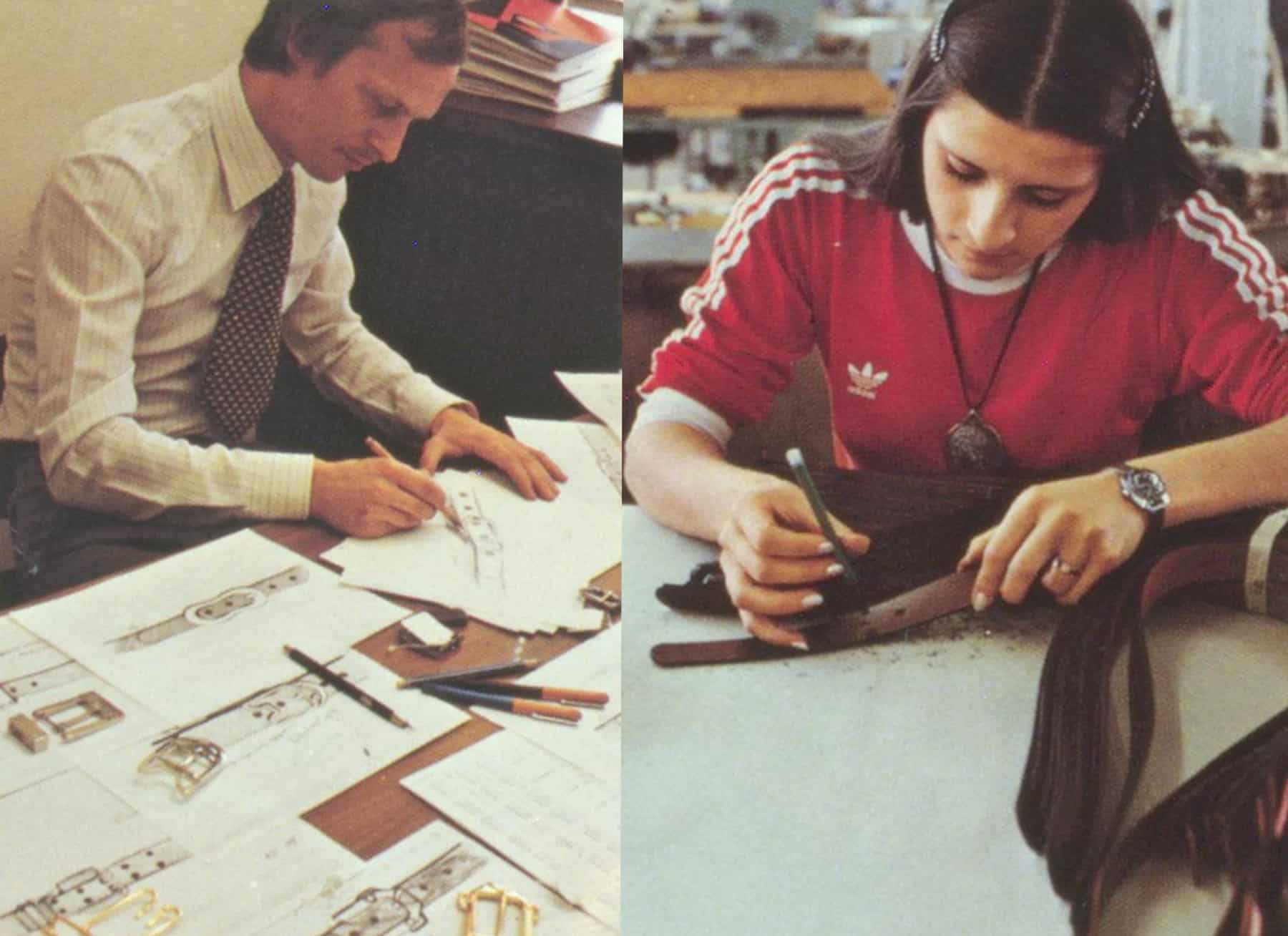 Links sieht man einen Designer, der für Hepco neue Gürtel und Schließen entwirft. Rechts baut eine Designerin gerade die ersten Prototypen eins neuen Modelles.