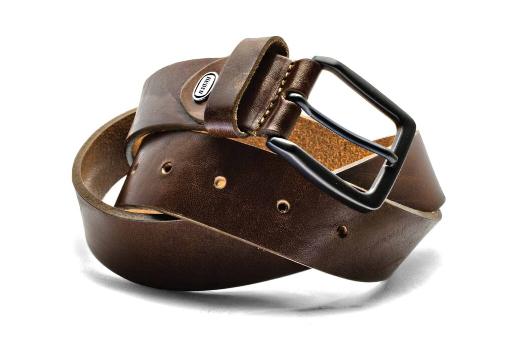 A brown full-grain cowhide leather belt from Hepco, intertwined to symbolize infinity